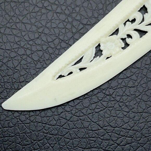 Vintage Celluloid Carved Plastic Letter Opener Asian Village Scene Floral Cream - Picture 2 of 11